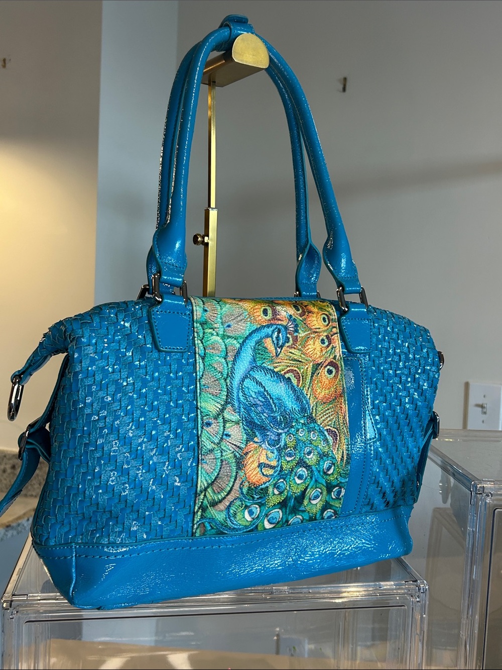 Sharif Turquoise Cross Stitch Peacock Woven Leather Satchel 14”x 4”x 10.5” EUC - Picture 2 of 8